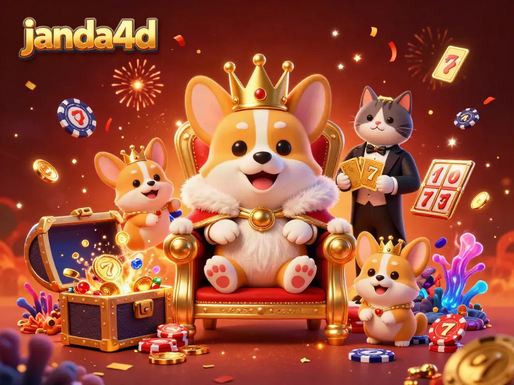 Gambarkan keseruan bermain slot di janda4d dengan raja corgi dan butler kucing.