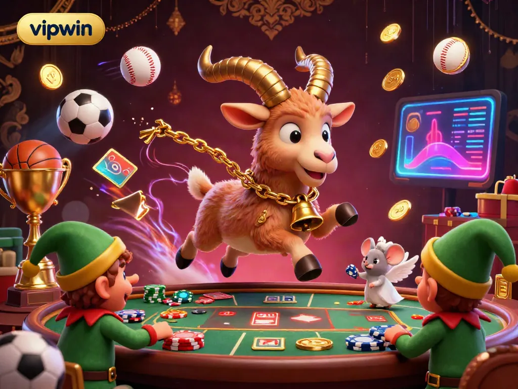 Engage in festive sports betting action with vipwin's unique casino scene featuring a Krampus goat, angel mouse, and elf gremlins.