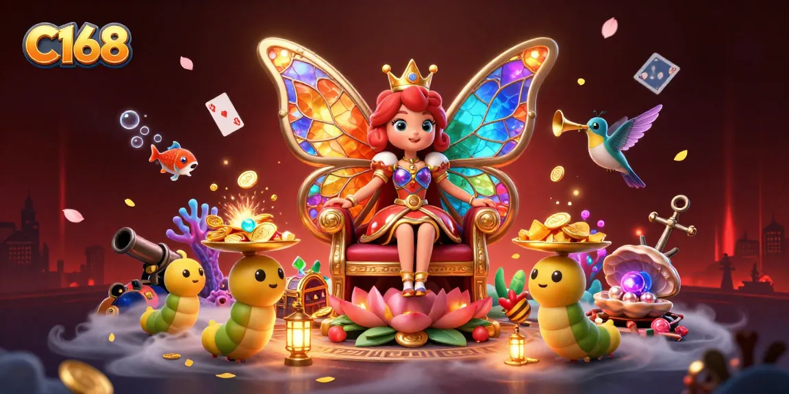 C168 features a colorful butterfly queen and vibrant casino elements, enhancing the gambling experience.