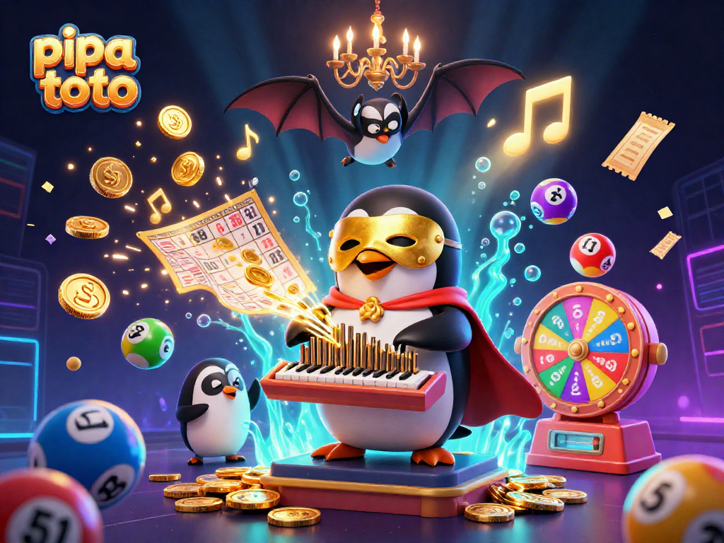 Engage in pipa toto excitement with a vibrant 3D illustration of a penguin and lottery elements.