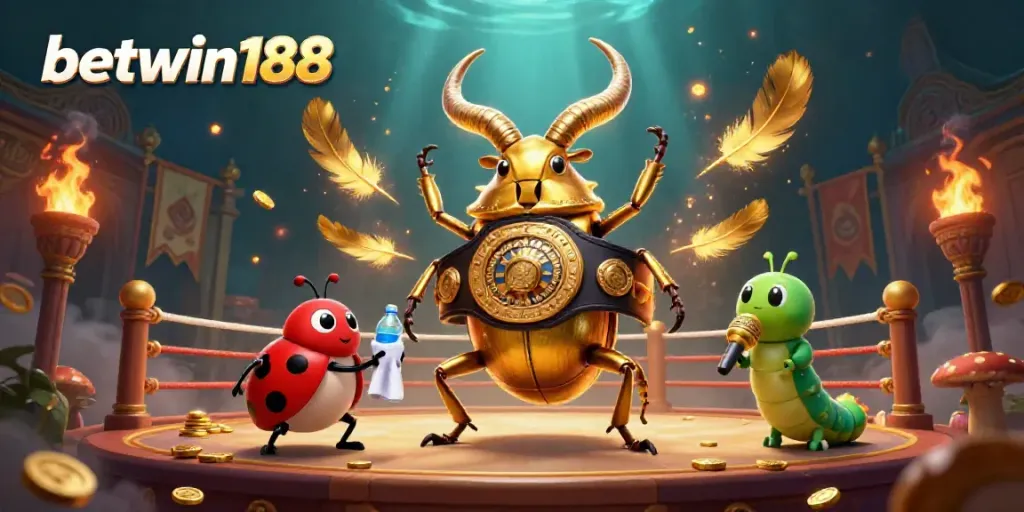 Animasi menarik betwin188 yang menampilkan serangga kejuaraan tinju, ladybug, dan pengumuman ketapel di arena bertema kasino.