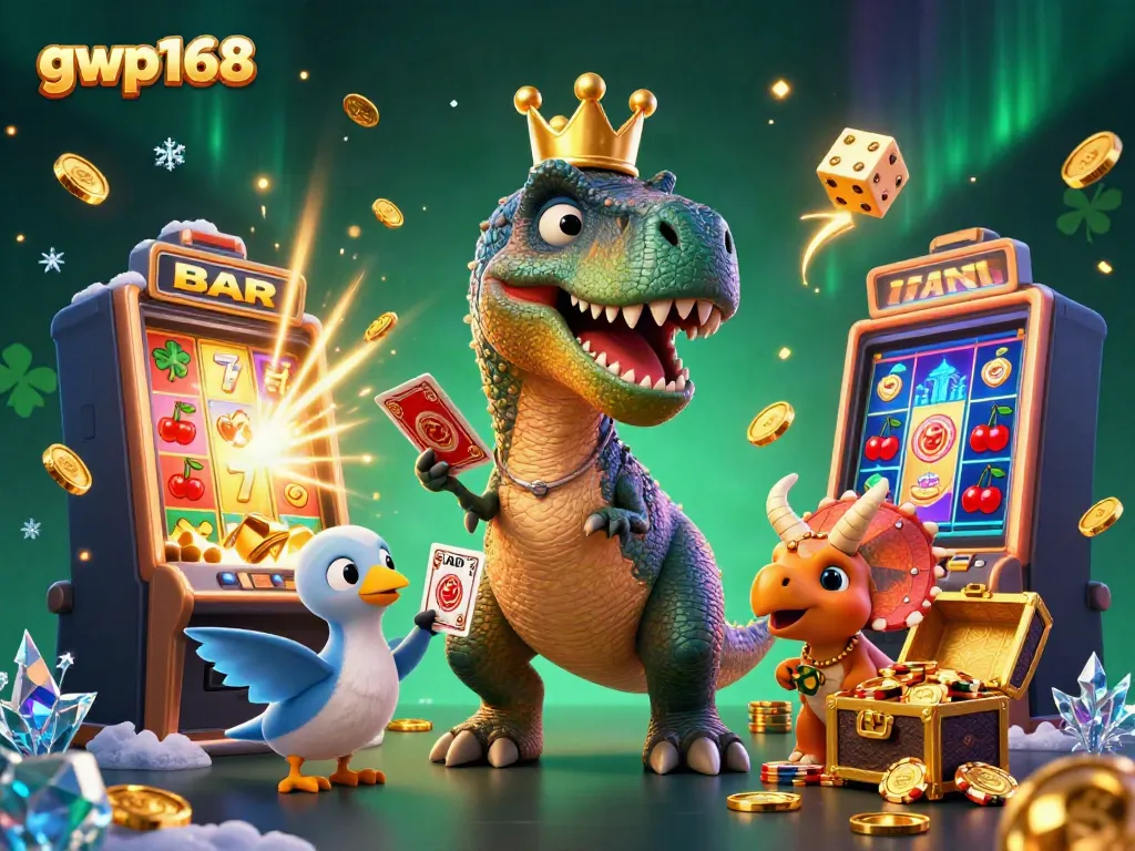 Bermain game casino di GWP168 dengan karakter dinosaur dan mesin slot yang menarik, menambah keseruan pengalaman bertaruh.