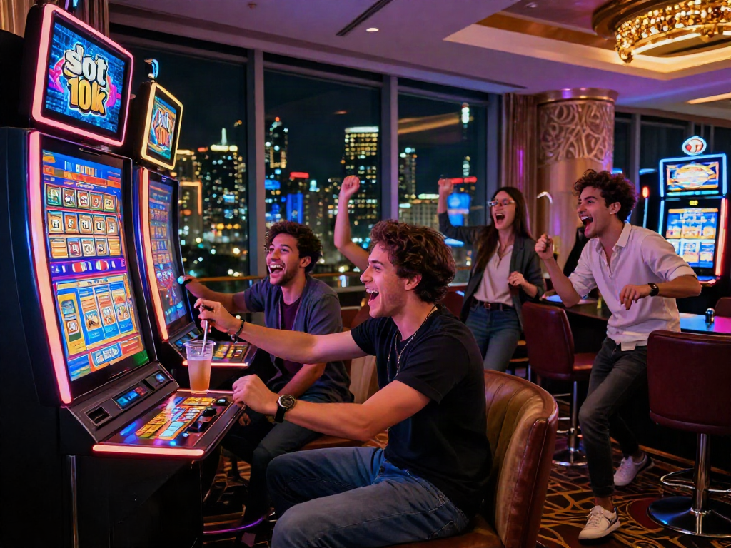 Friends celebrating at the slot 10k casino machine, vibrant atmosphere.