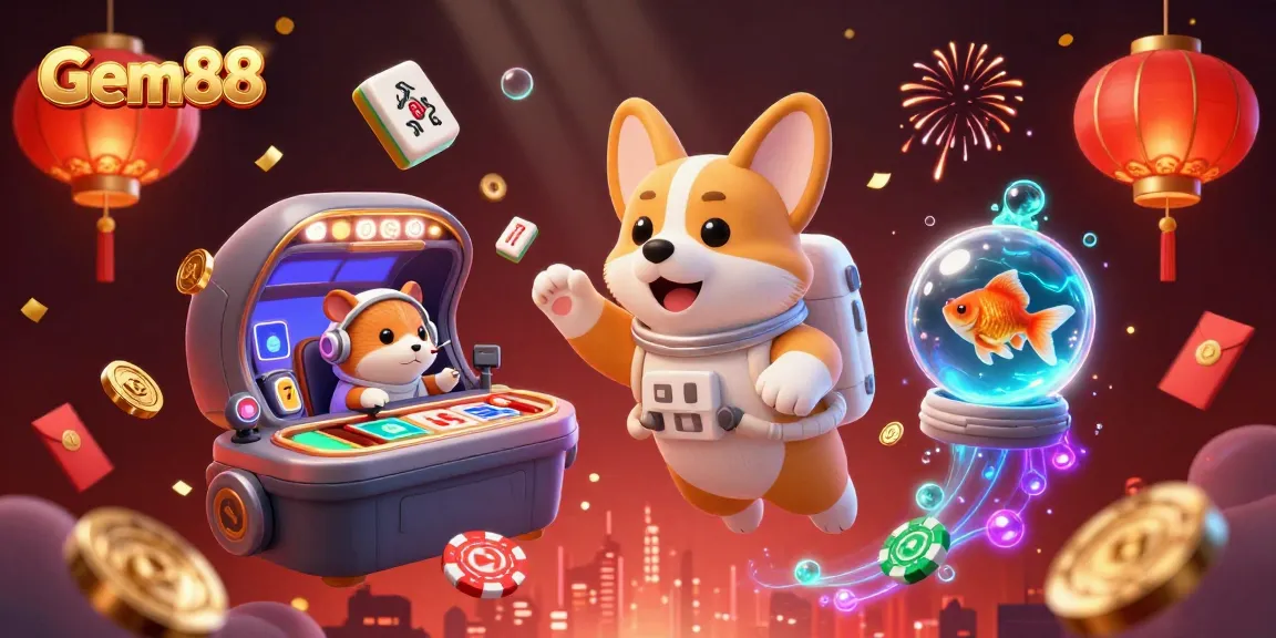 Engage with Gem88 as a cartoon astronaut corgi floats in a vibrant space casino.
