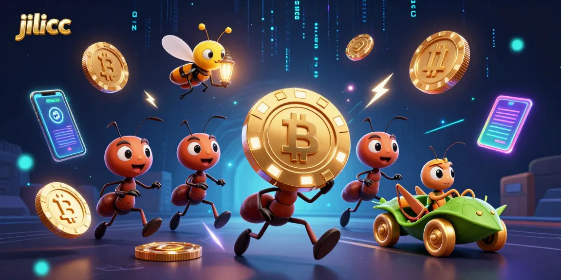 Experience thrilling action on jilicc as ants heist a giant poker chip amidst vibrant cryptocurrency elements.