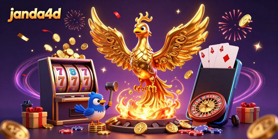 Gambarkan janda4d dengan phoenix emas yang terbuat dari logam cair, slot, dan konfeti yang meriah.