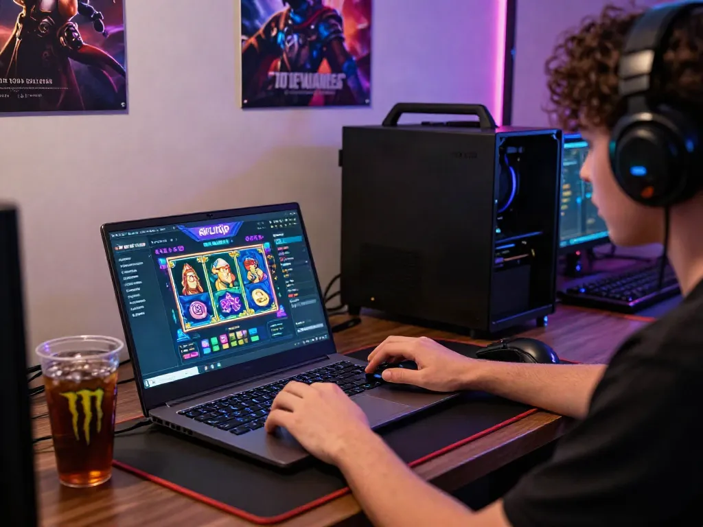 Player enjoying akunjp slot games on a laptop in a vibrant gaming setup.
