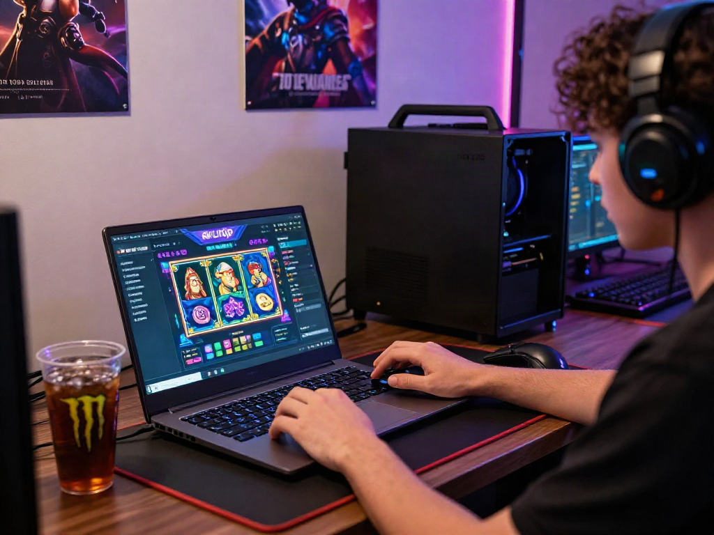 Player enjoying akunjp slot games on a laptop in a vibrant gaming setup.