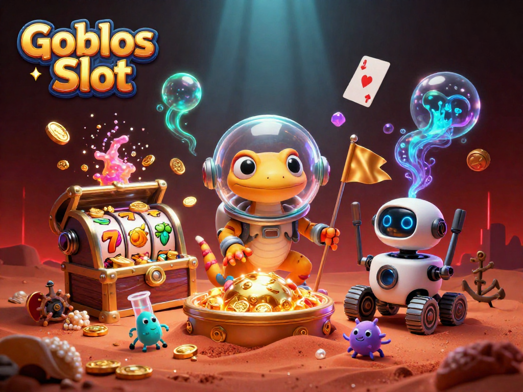 Engage in exhilarating Goblos Slot experiences with the Martian gecko in a lively 3D casino scene.