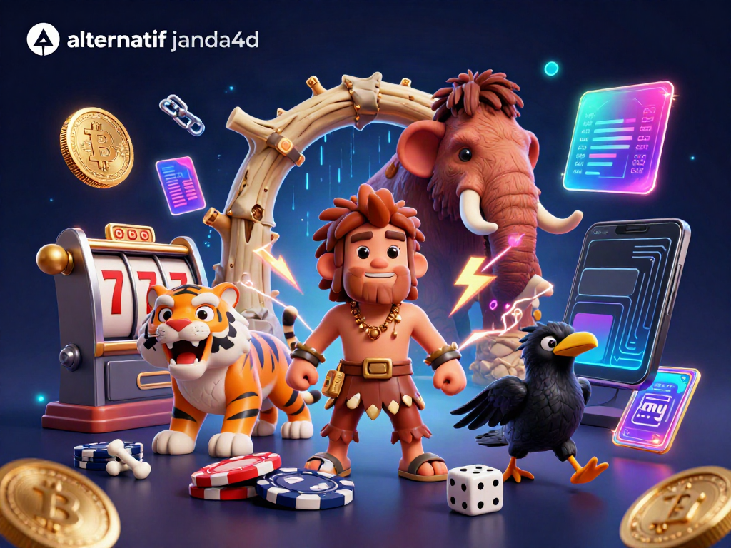 Gambaran alternatif janda4d yang menampilkan kasino prasejarah dengan karakter lucu.