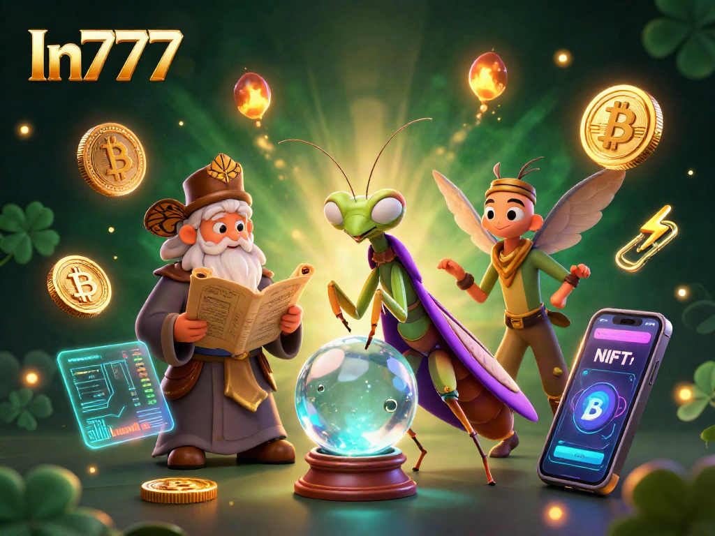 Engage with In777 in a vibrant 3D scene showcasing cryptocurrency elements and fortune-telling metaphors.