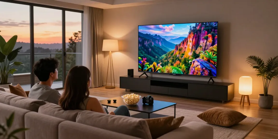 Couple enjoying a movie night on a mini LED TV in a cozy living room.