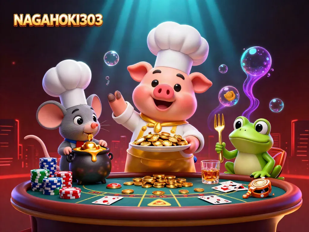 Ilustrasi 3D NAGAHOKI303 dengan karakter unik chef babi dan elemen kasino langsung yang menarik.
