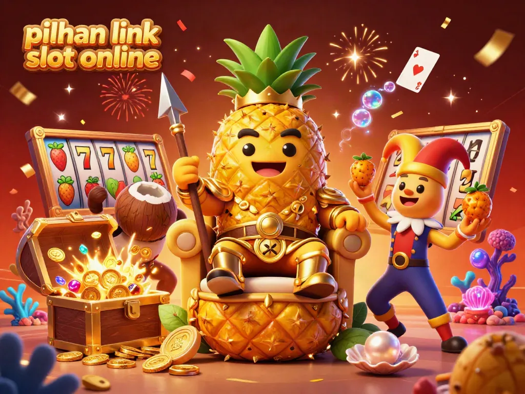 Tunjukkan pilihan link slot online dengan raja nanas emas dan elemen kasino yang kaya akan detail di pantai.