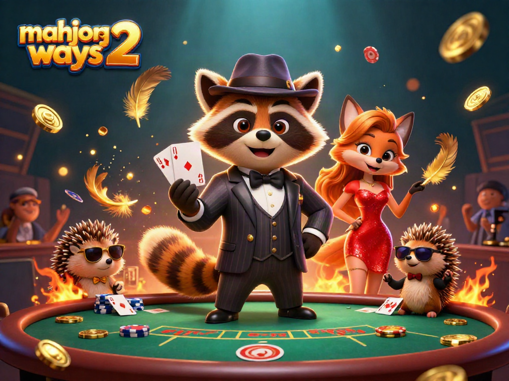 Experience the thrill of mahjong ways 2 with a raccoon holding a royal flush in a vibrant casino scene.