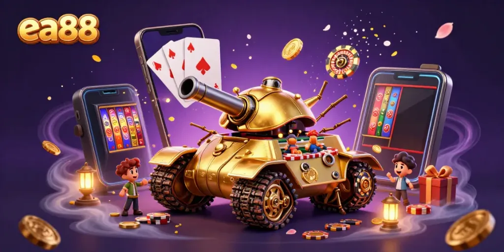 Engage in thrilling gameplay at ea88, featuring a captivating golden casino beetle tank and vibrant slot games.