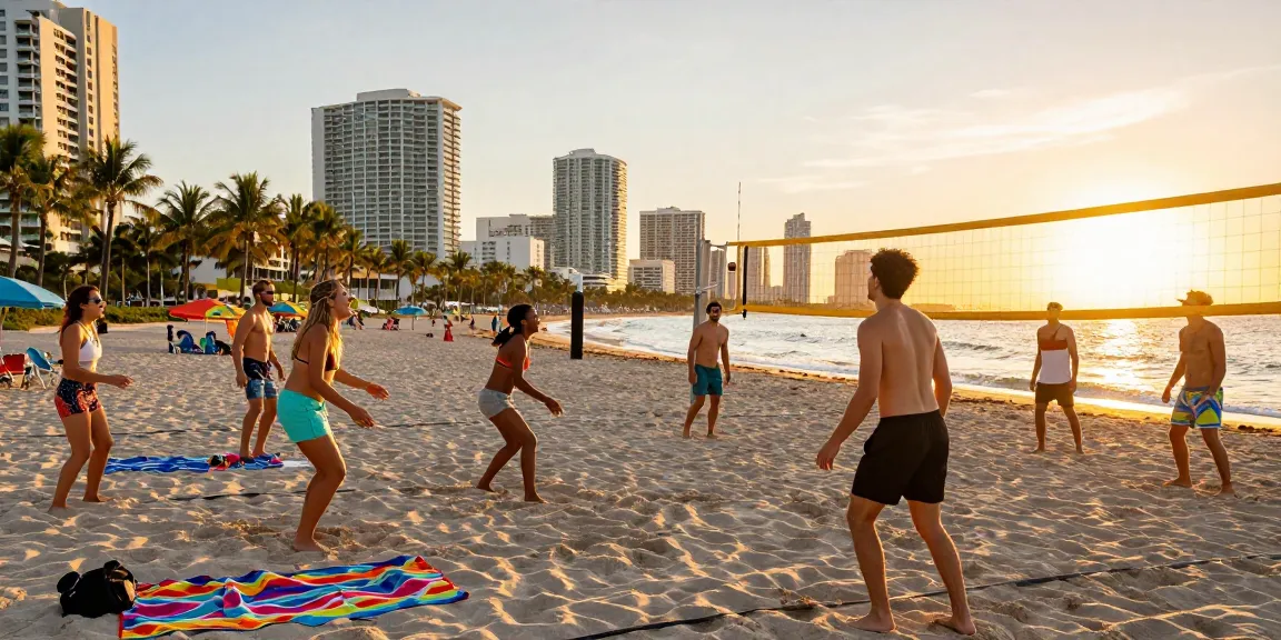 https://miami4d.com/ suasana pantai Miami saat senja dengan teman-teman berolahraga