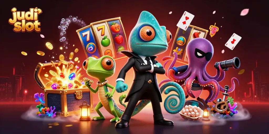 Experience judi slot excitement with a dynamic 3D casino illustration featuring colorful slot reels and characters.