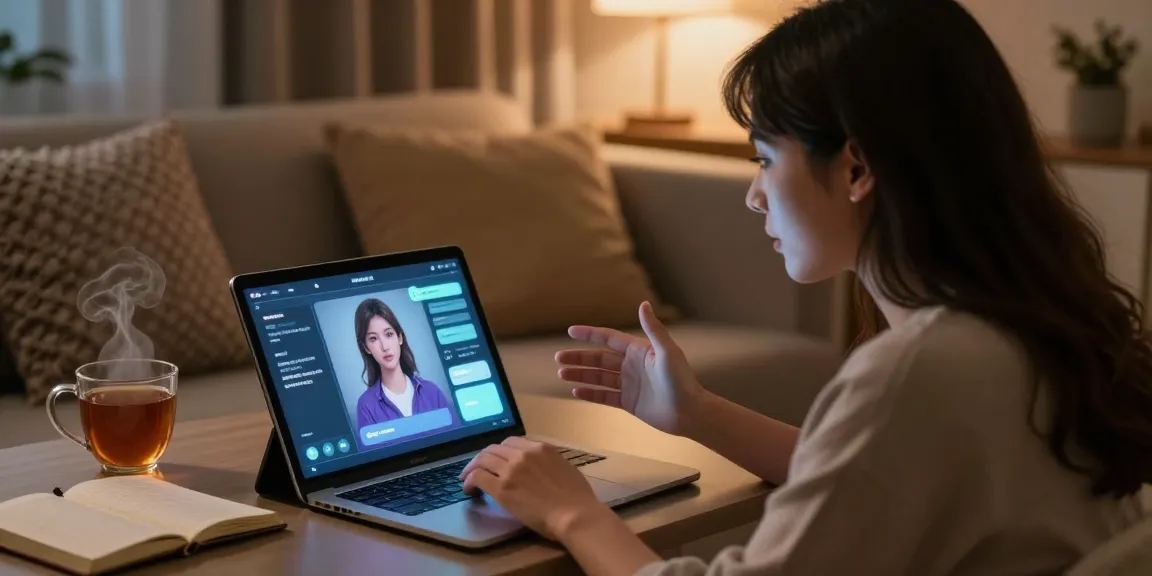 Engaging woman interacting with NSFW AI on a tablet in a cozy setting