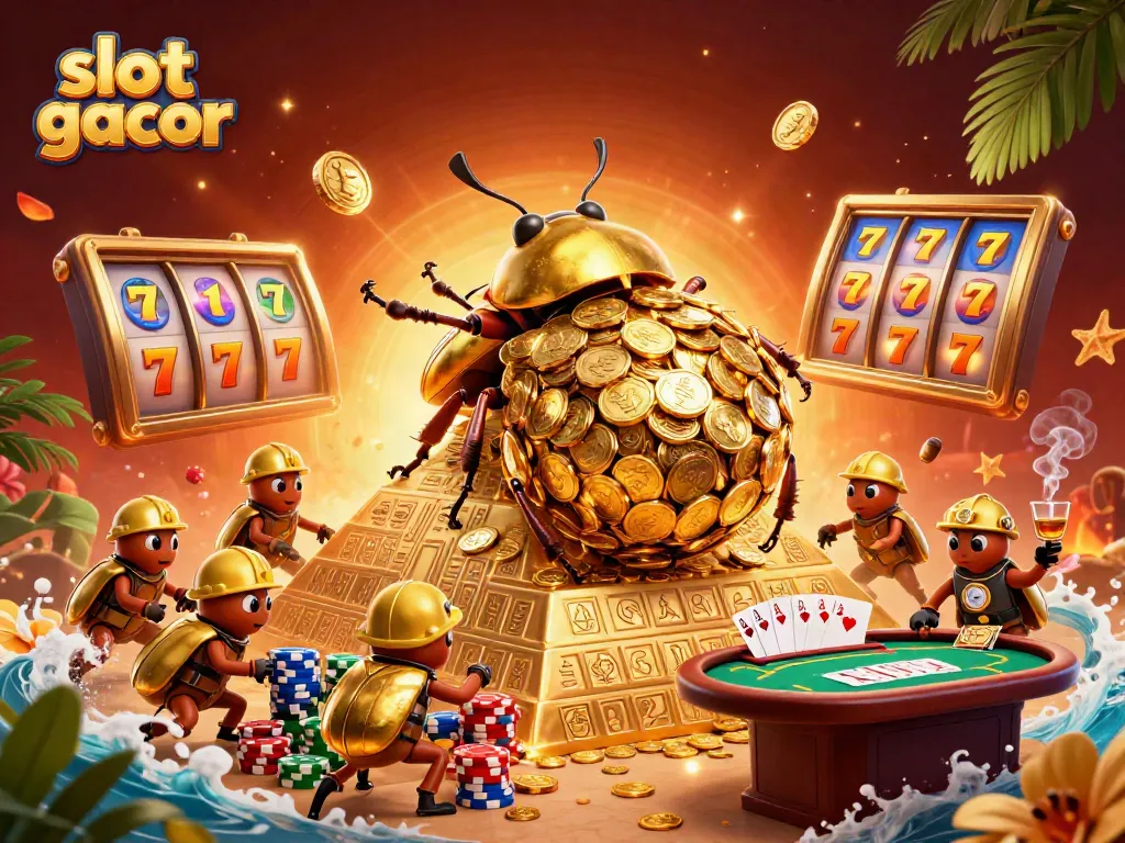 Experience slot gacor action with golden beetles and vibrant casino elements in an explosive scene.