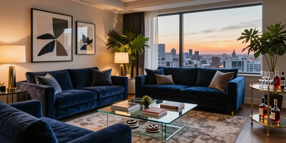 Interior mewah dengan sofa dan karya seni estetis, luxury111 mengundang suasana hangat.