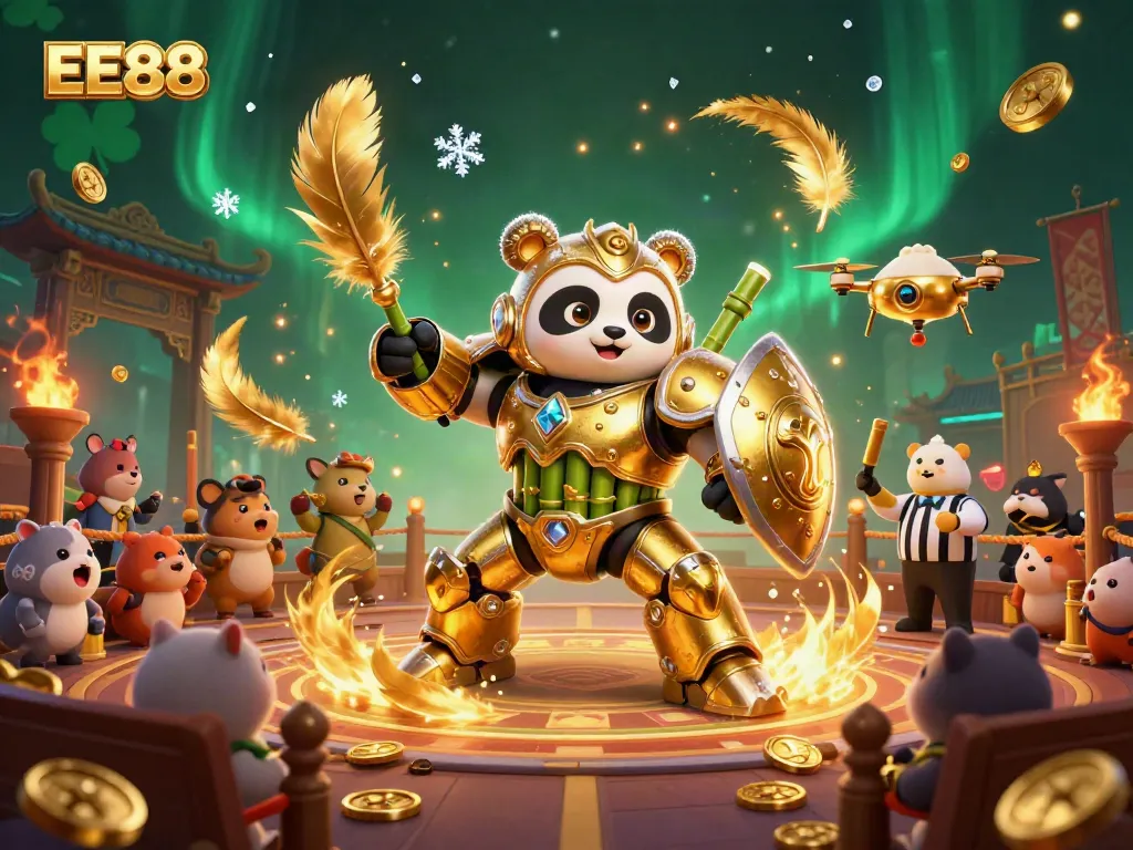 Experience thrilling gameplay in EE88 with a dynamic 3D cartoon casino scene featuring a mech-suit panda.