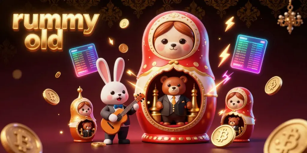 Engage with rummy old through a vibrant scene featuring animated bears and crypto elements.