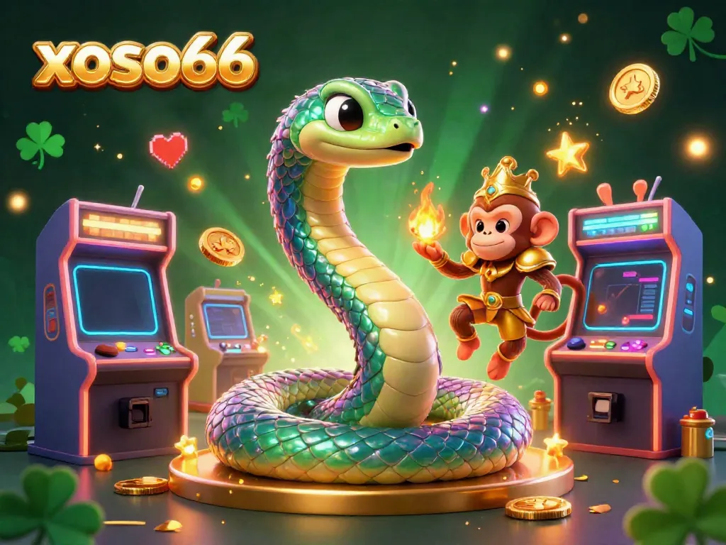 Engage with xoso66's vibrant gaming world featuring a rainbow serpent and monkey king amidst an arcade celebration.