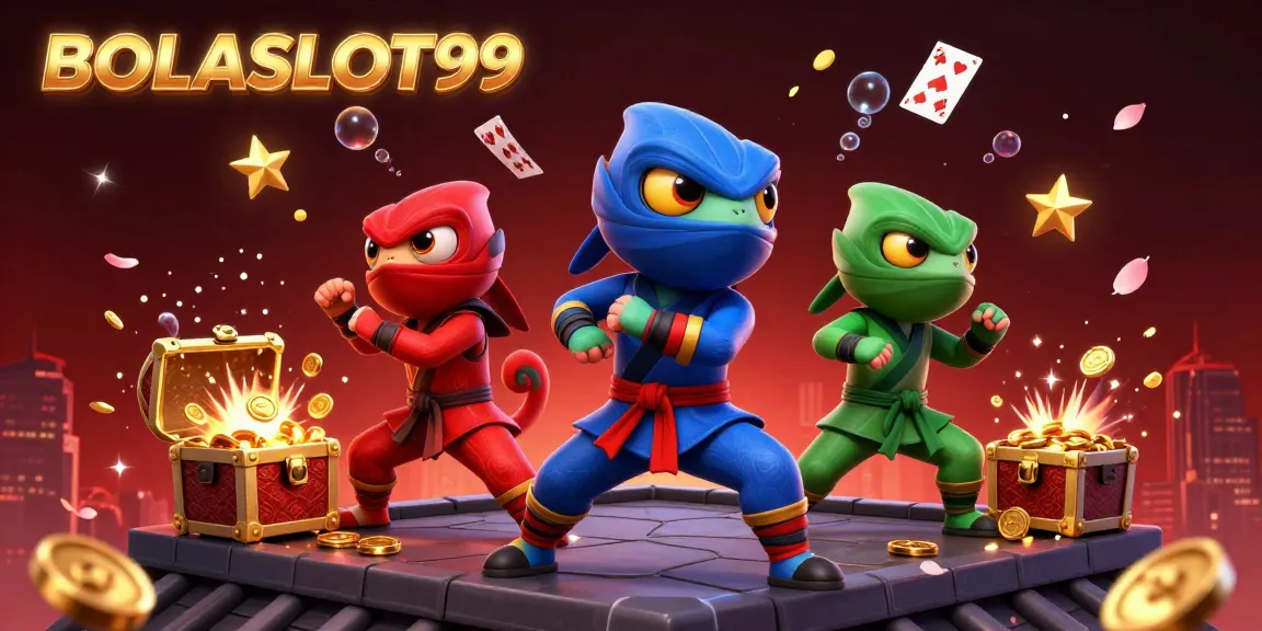 BOLASLOT99 showcases ninja chameleons amidst dynamic casino elements, exploding treasure chests, and vibrant visuals.