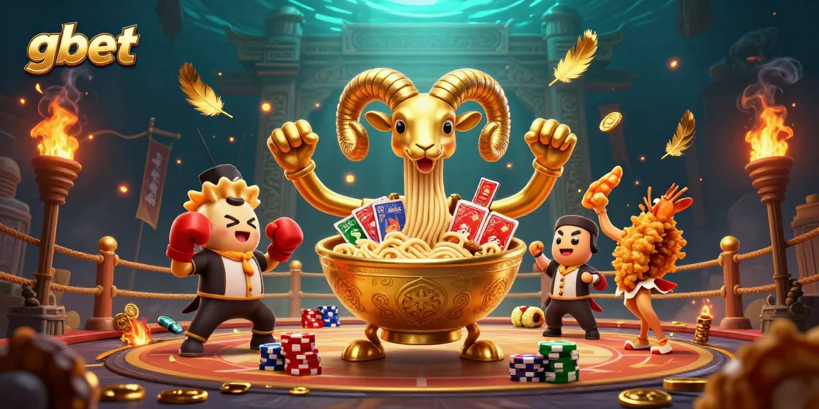 gbet's exciting gaming scene with a vibrant ramen bowl character and dynamic casino elements, showcasing a lively atmosphere