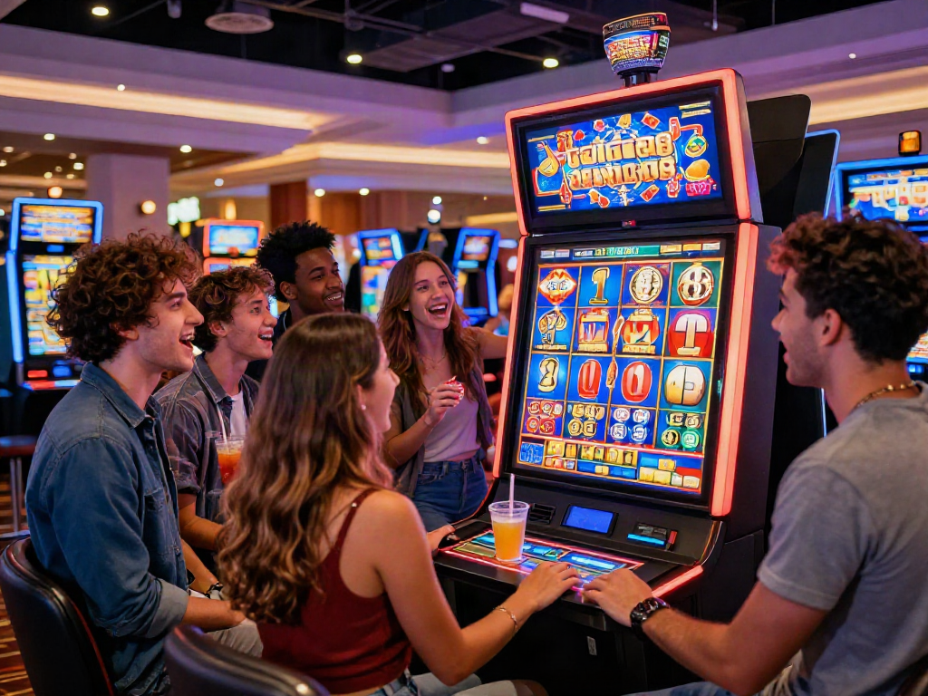 Friends sharing excitement while trying ทดลองสล็อต at a vibrant casino.