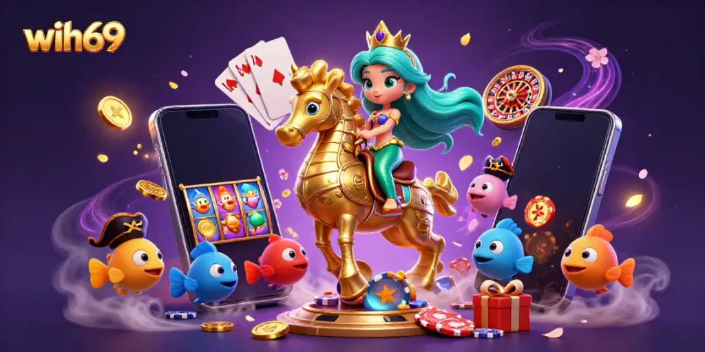 Wih69 bermain slot dengan putri duyung dan ikan kartun di lautan berwarna cerah.