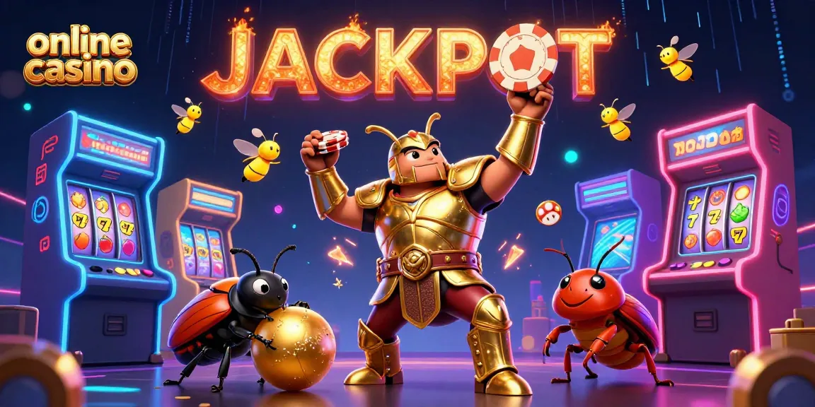 Celebrate your wins in an online casino with an epic jackpot scene featuring cartoon beetles and vibrant game elements.