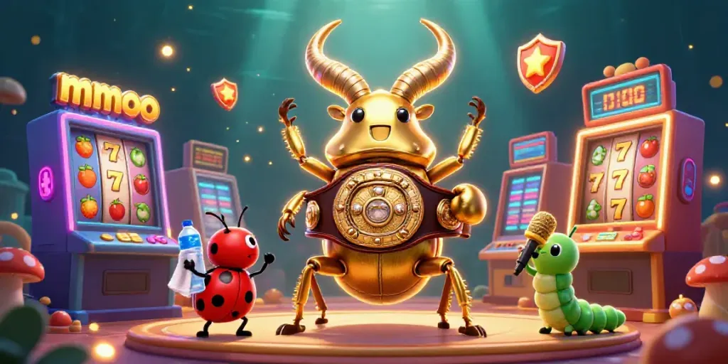 Engaging mmoo scene with 3D cartoon beetle as a champion in a dynamic casino atmosphere.