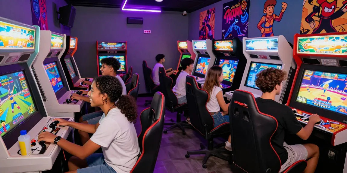 Friends enjoying the hit club gaming experience in a vibrant arcade with neon lights and exciting competition.
