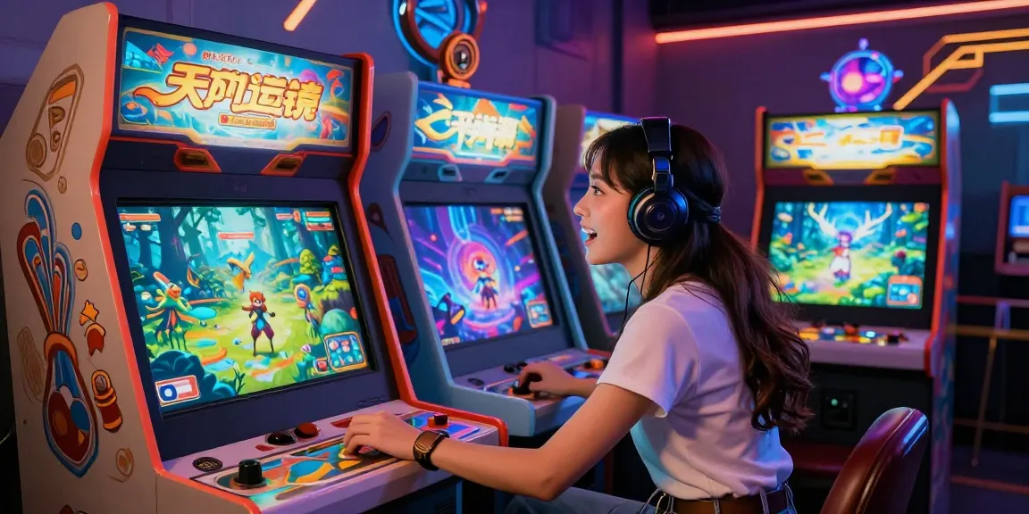 Engaging female protagonist in a vibrant female hentai game scene at an arcade machine, surrounded by fantasy elements.