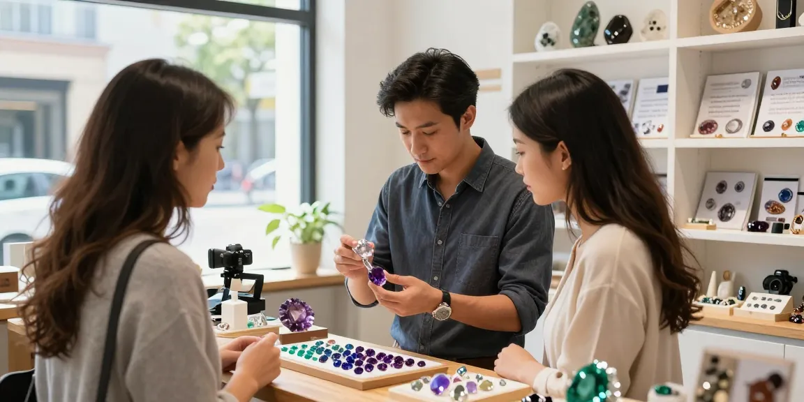 Explore the trusted gemstone offerings at https://www.mygemspot.com with a merchant assisting a customer in a well-lit shop featuring vibrant gemstones.