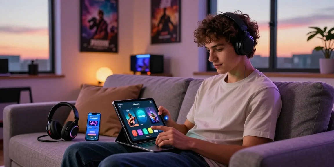 Engaged gamer exploring the Rollex11 app on tablet in cozy room