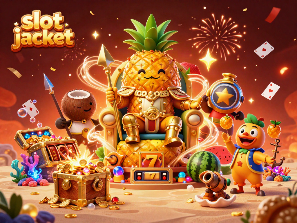 Menangkan slot jackpot dengan raja nanas emas dan elemen kasino penuh warna.