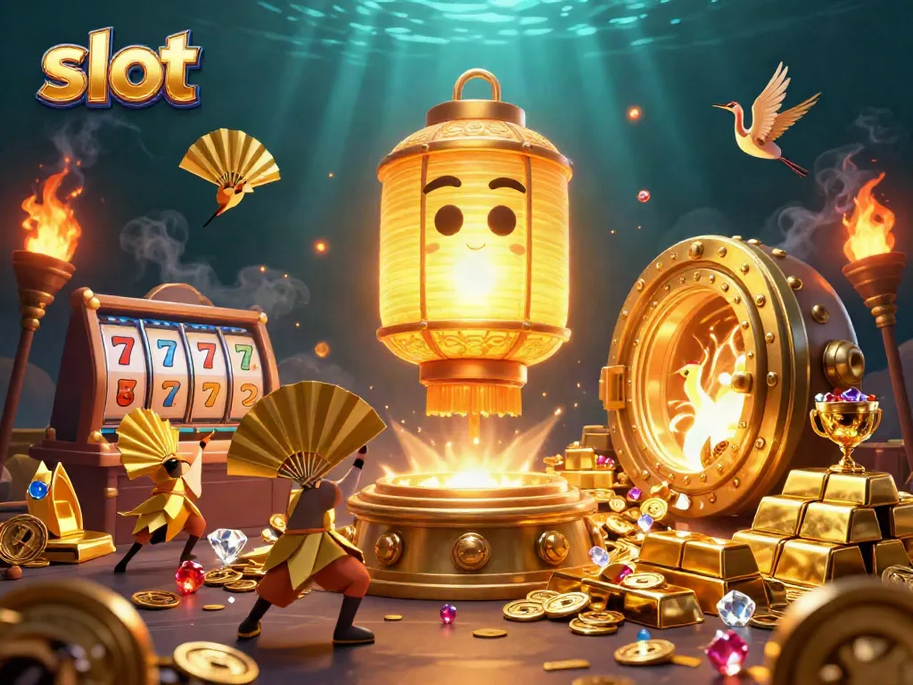 Engage with the slot theme in this vibrant casino scene showcasing golden lantern spirits and lucky symbols.