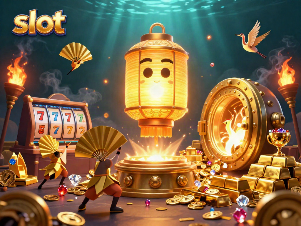 Engage with the slot theme in this vibrant casino scene showcasing golden lantern spirits and lucky symbols.