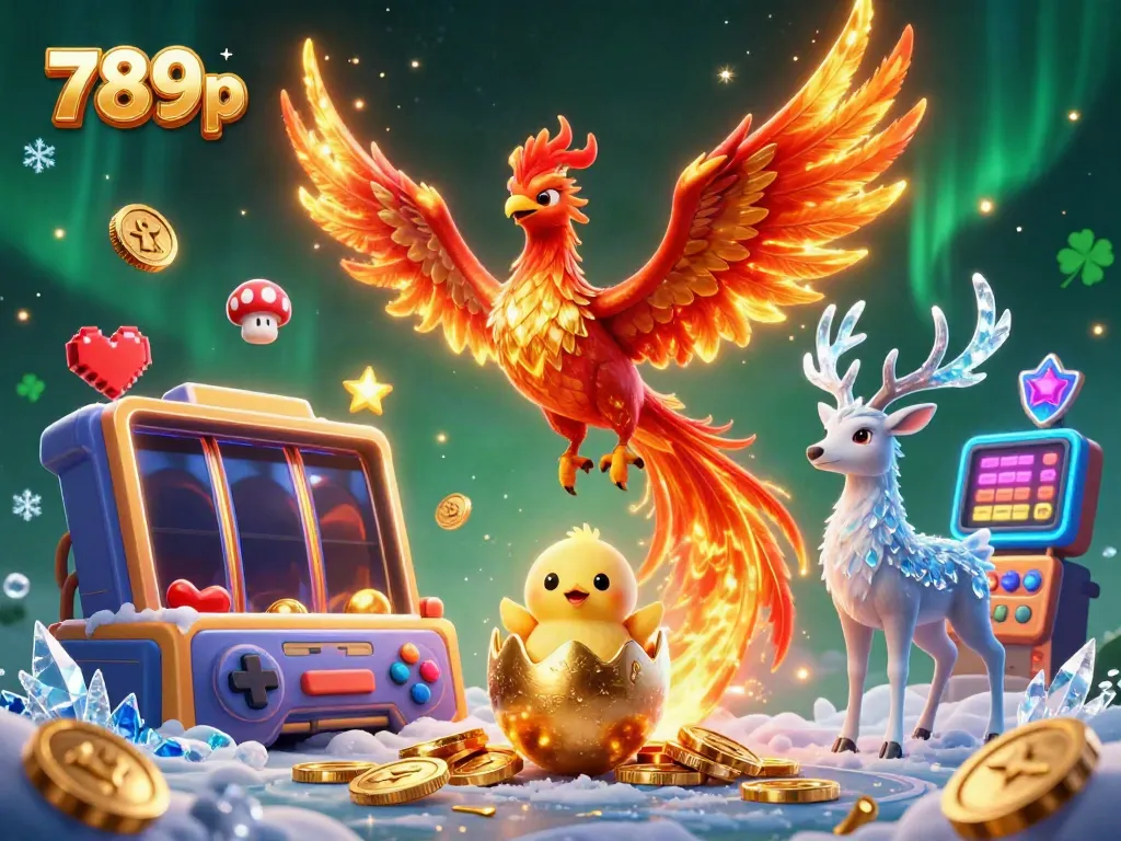 Experience gaming excitement with the stunning 789p phoenix and mystical stag illustration full of slot machines.
