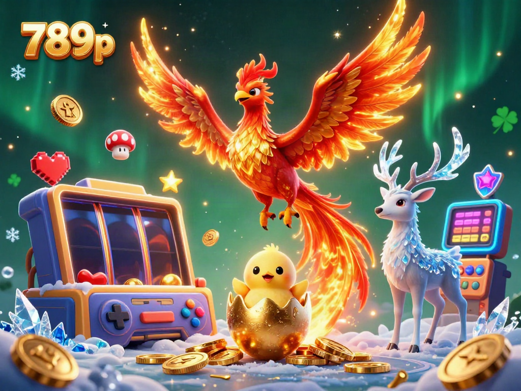 Experience gaming excitement with the stunning 789p phoenix and mystical stag illustration full of slot machines.