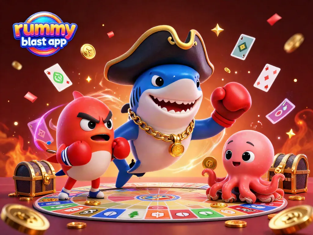 Engaging scene of the rummy blast app with a playful shark, pufferfish, and octopus celebrating game wins.