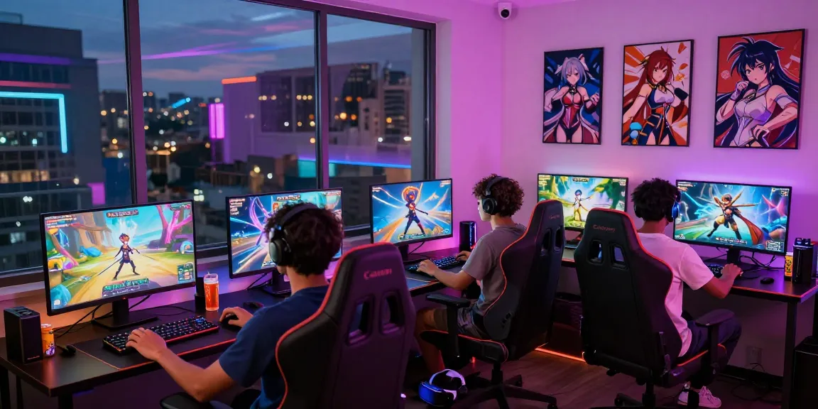 Group of gamers enjoying hentai games in a vibrant gaming setup with engaging visuals.