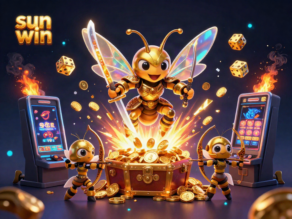 Experience the excitement of sun win with a dynamic 3D casino illustration showcasing energetic characters and vibrant game elements.