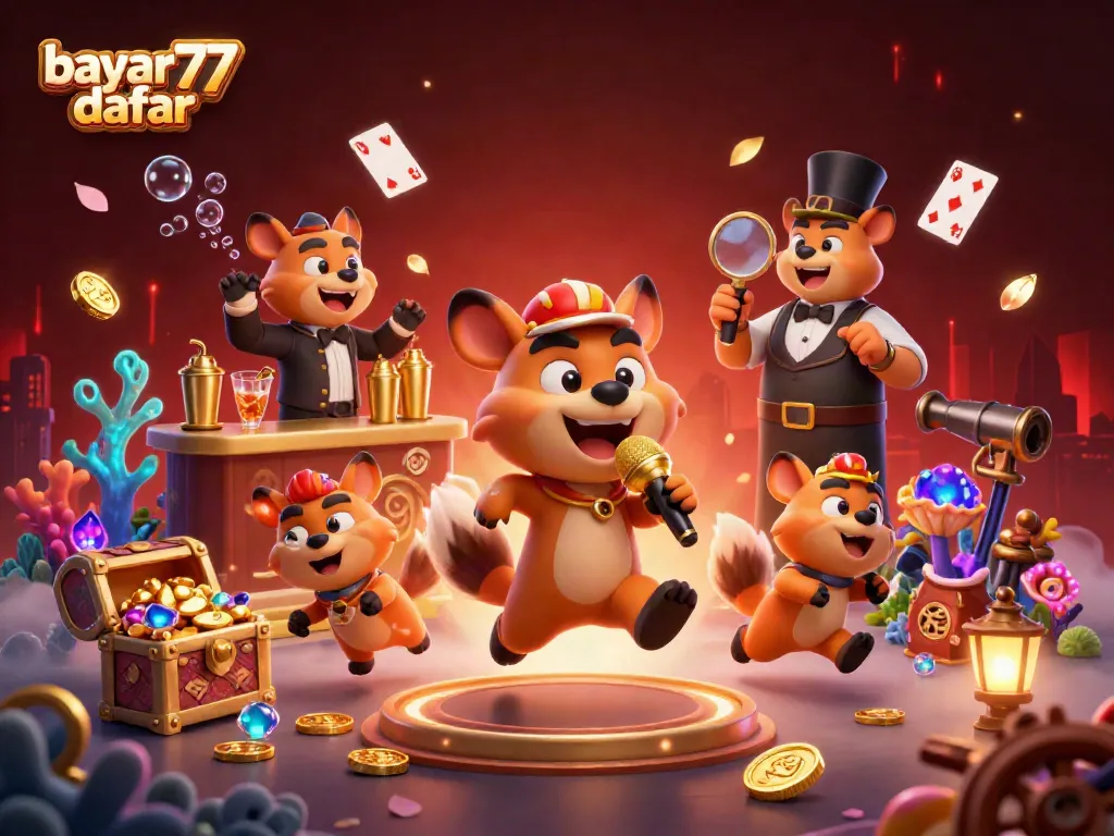 Engage with bayar77 daftar in a bustling comedy casino scene featuring hyenas and vibrant elements.