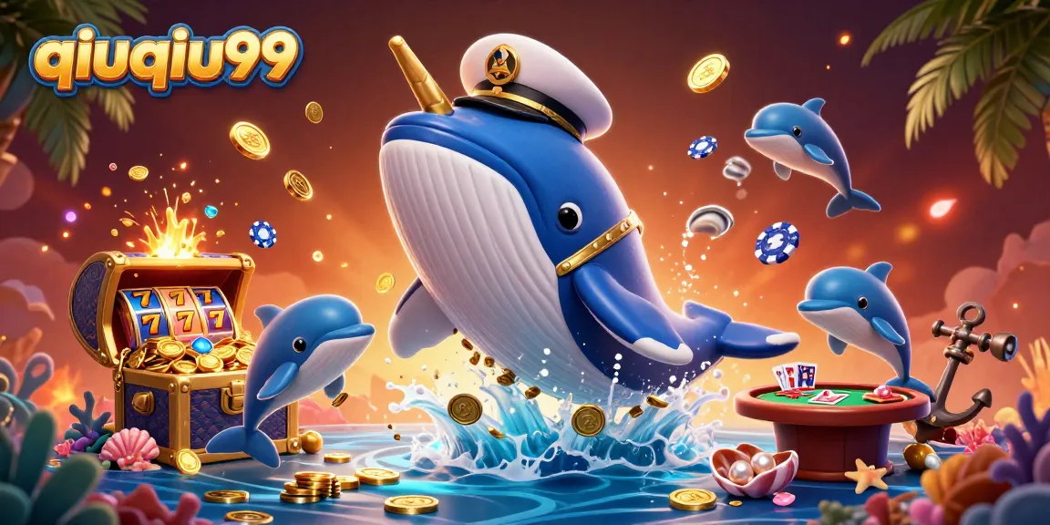 qiuqiu99 features a whimsical casino scene with a whale, narwhal, and dolphins celebrating riches.