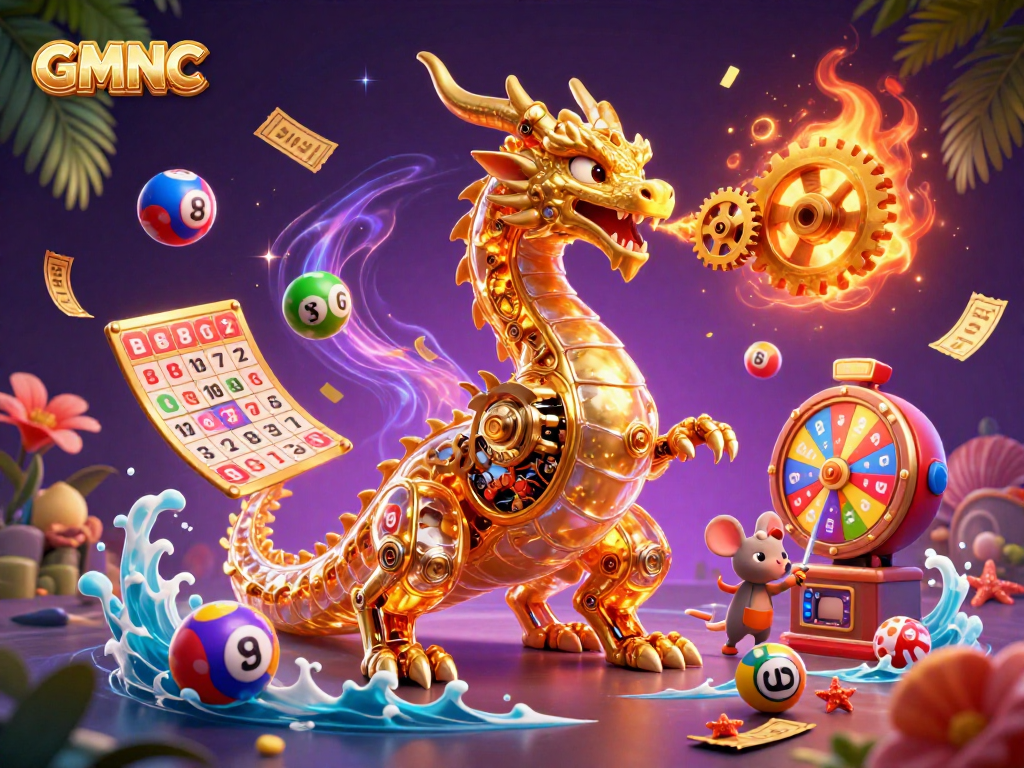Engage with GMNC’s vibrant lottery scene featuring a golden dragon and lottery elements.