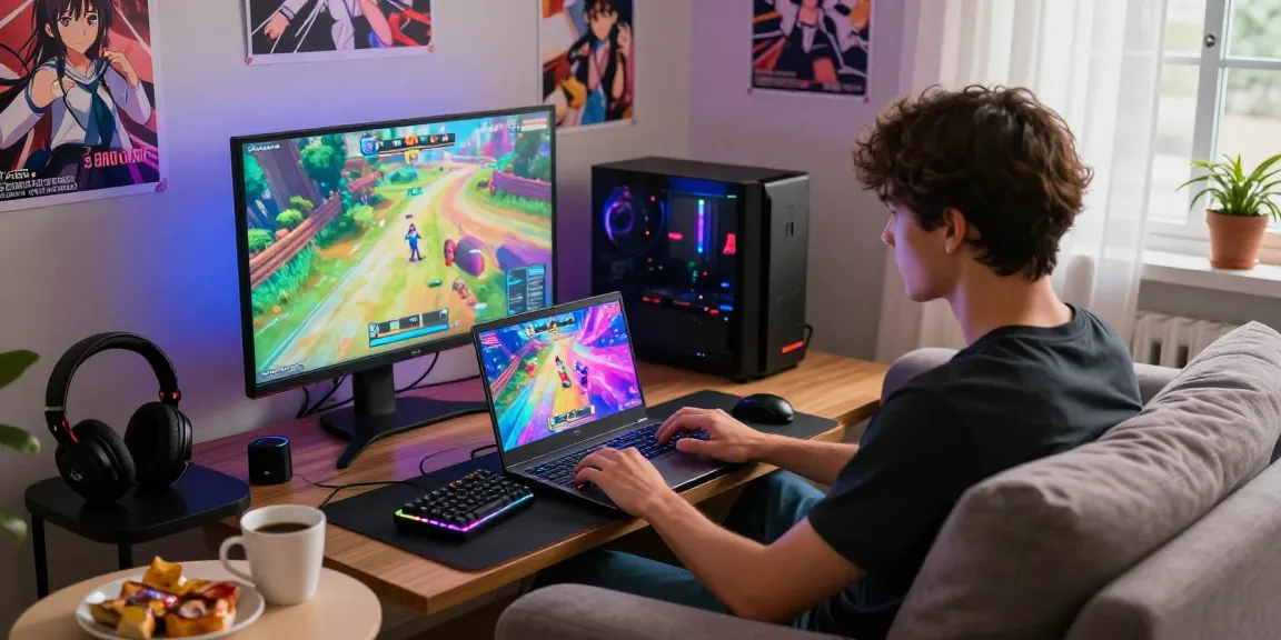 Engaging scene of a young man playing hentai games on a laptop in a cozy home setting, showcasing gaming accessories.